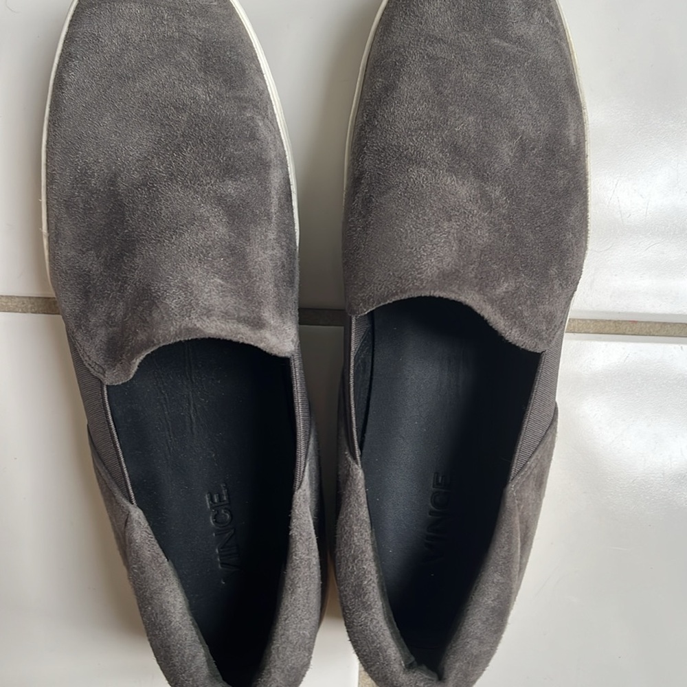 Woman’s”VINCE”gray suede,tennis shoe. size 8 easy slip on. Excellent condition.